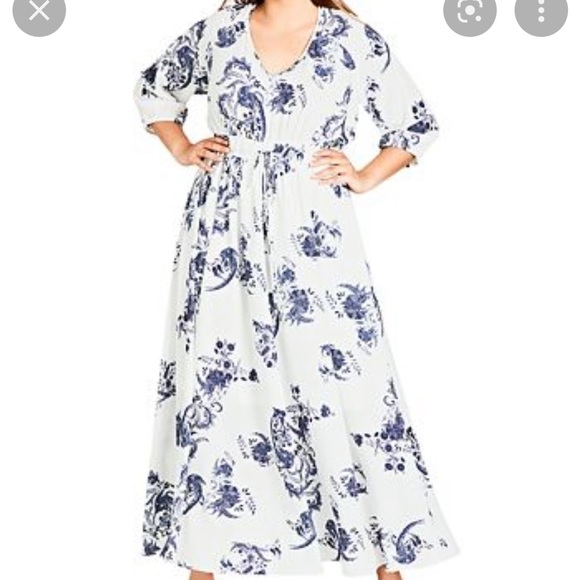 City Chic 16W Shinjuku White & Blue Floral Maxi Dress - Picture 3 of 13